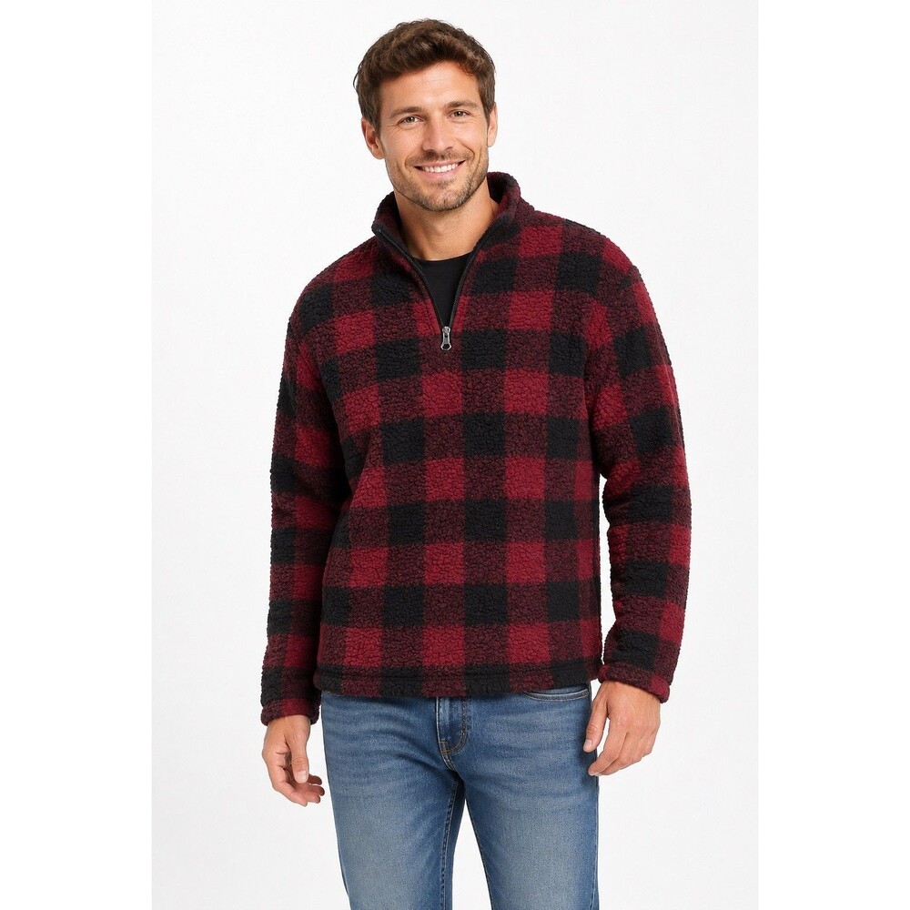 Wrangler Men’s M Buffalo Plaid Sherpa Fleece 1/4 Zip Pullover Red Black